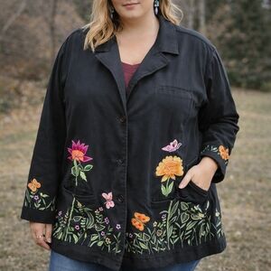 Vintage Embroidered Jacket Plus Size Floral Butterfly Artsy Boho Blazer